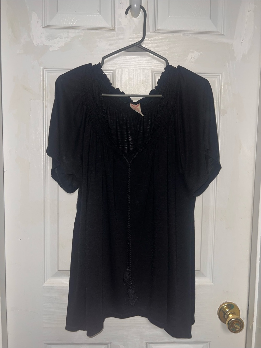 Faded Glory Black Peasant Top with Tassel Tie